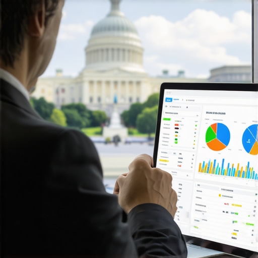 Businessman analyzing local SEO data with Washington DC landmarks in background