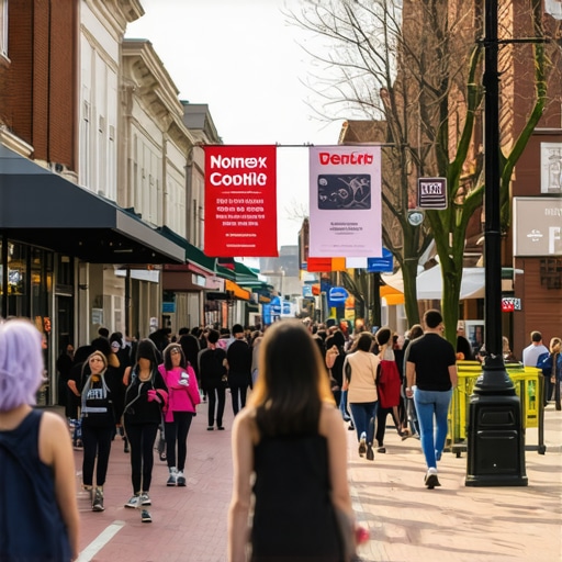 A lively neighborhood street in Washington DC with local shops and community banners.