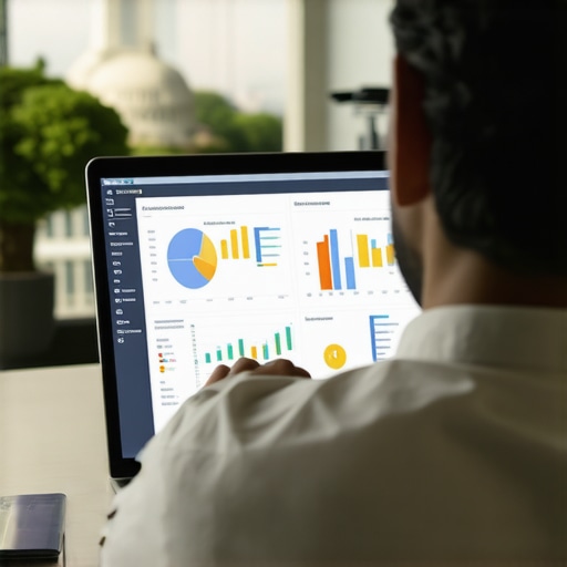 Business owner analyzing local SEO performance on a laptop with Washington DC skyline