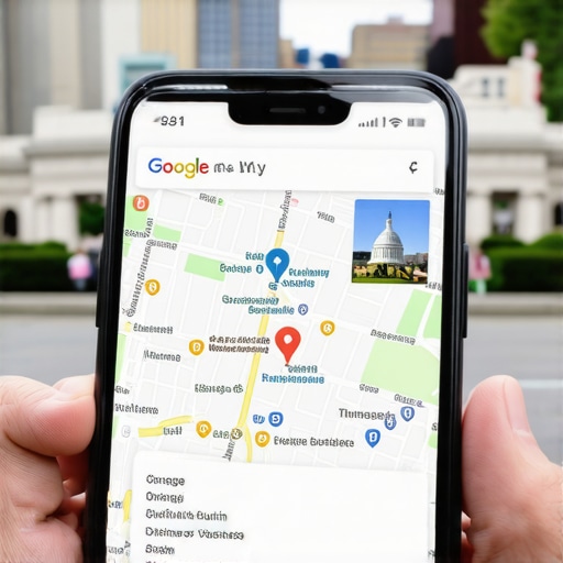Smartphone screen showing Google Business profile with Washington DC landmarks in background