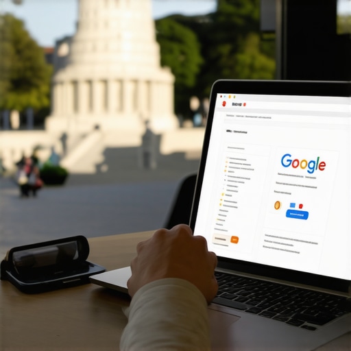 Person updating Google Business Profile on laptop with Washington DC landmarks