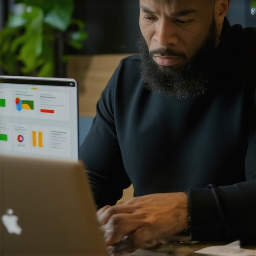 Business owner updating Google My Business profile on laptop with analytics and reviews