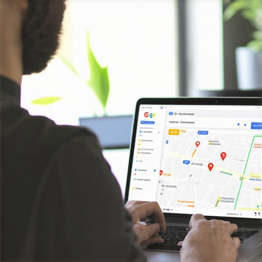 Business owner editing Google My Business profile on laptop in bright office
