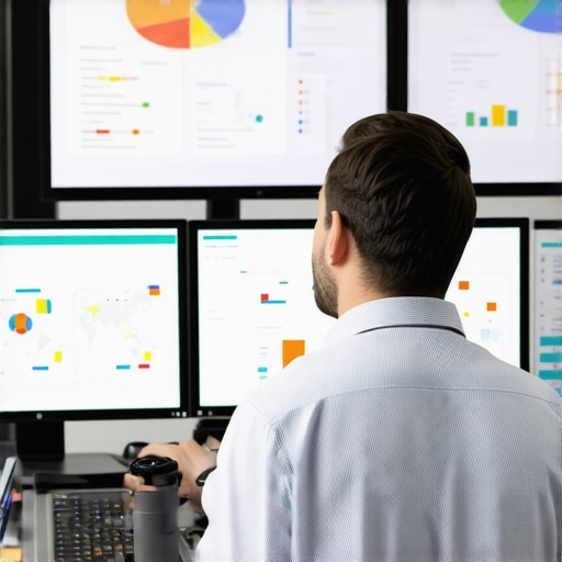 Digital marketer reviewing local SEO analytics on multiple screens in an office setting