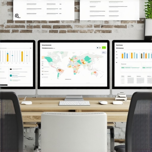 A professional workspace showing SEO tools and maps analytics on screens.