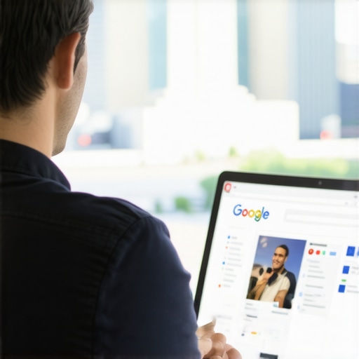 Person updating Google Business Profile on laptop with Washington DC cityscape