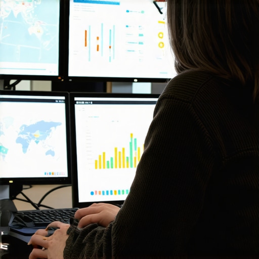 Advanced Local SEO Tools in Action Person reviewing local SEO analytics on multiple screens showing Google Maps rankings and keyword performance