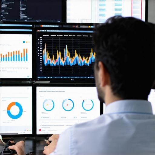 Analyzing Local SEO Data for Washington DC Digital marketer reviewing multiple analytics dashboards on screens to optimize Washington DC local SEO performance