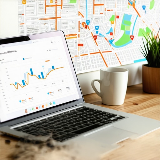 DC Local SEO Analytics Laptop displaying local SEO analytics with Washington DC map in background.