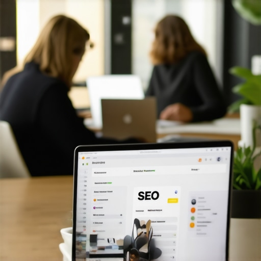 Digital marketing team planning local SEO strategies in an office with city view