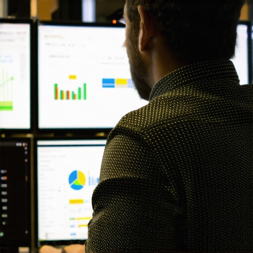 Digital marketing professional reviewing SEO analytics in an office environment