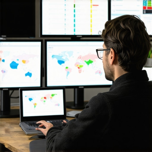 A person reviewing SEO analytics and maps in a contemporary office environment.