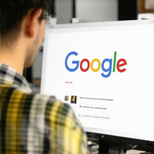 Business owner editing Google profile on computer with Washington DC background