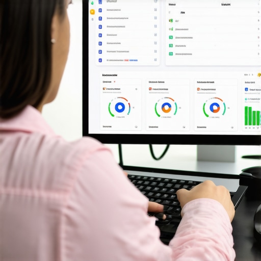 SEO specialist reviewing Google profile metrics on a computer screen with Washington D.C. landmarks in the background.