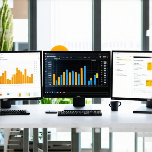 SEO Tools for Long-Term DC Business Success A desk with multiple screens displaying SEO analytics and local ranking data.