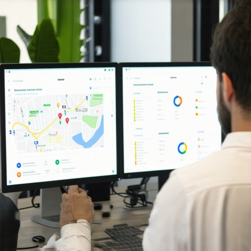 A professional reviewing business ranking metrics and local maps data on computer screens.
