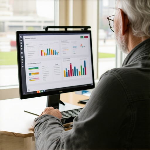 Business owner analyzing local SEO metrics for Washington, D.C. on a laptop with city landmarks in view.